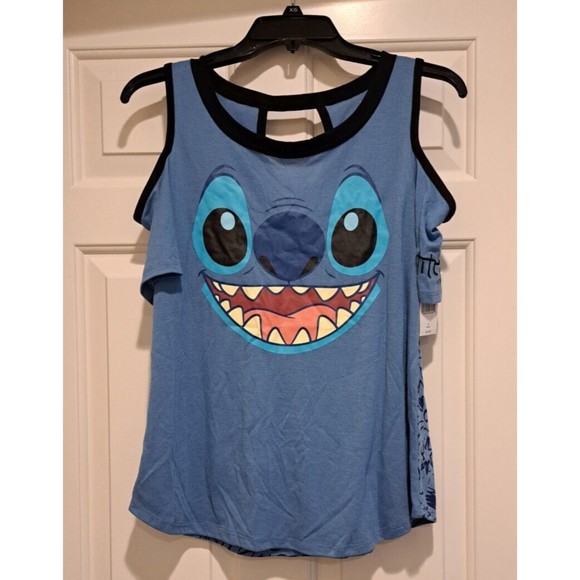NWT STITCH Walt Disney World Park Cold Shoulder Blue T-Shirt Adult Small - Picture 1 of 7